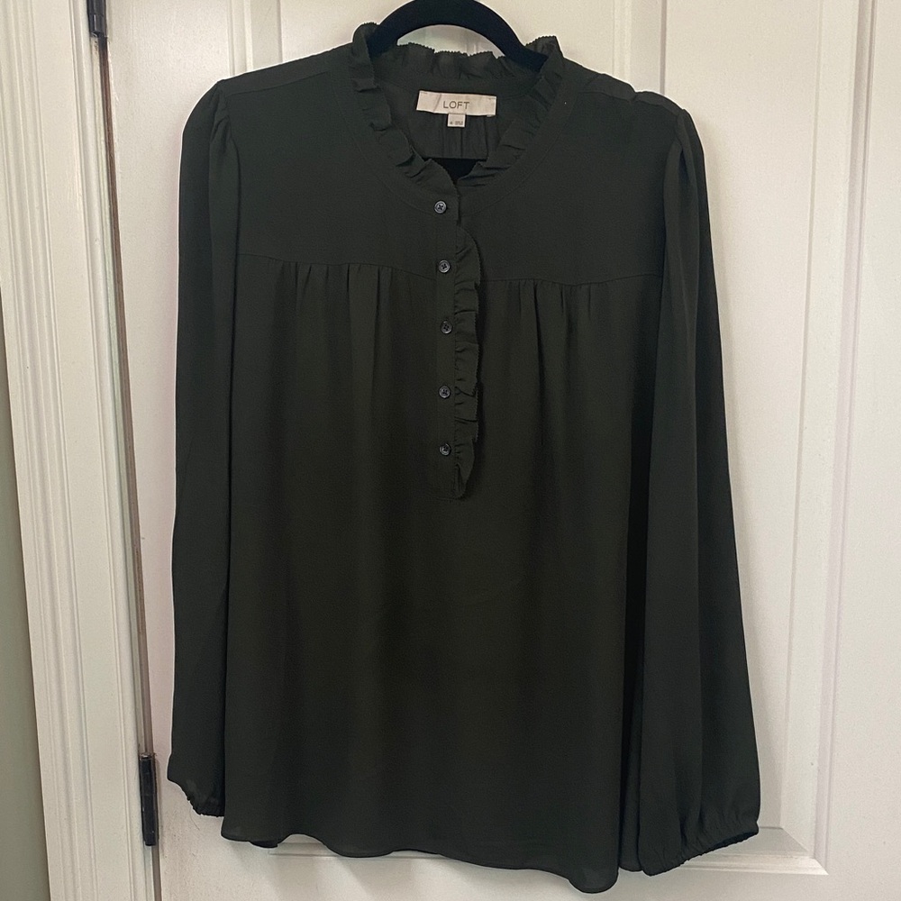 LOFT Dark Olive Green Ruffle Blouse